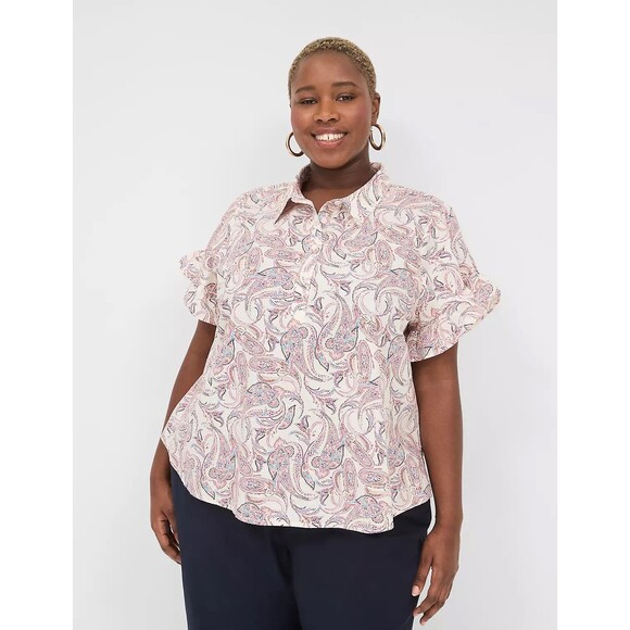Lane Bryant Tops - Lane Bryant-Short Ruffle-Sleeve Button-Down Top